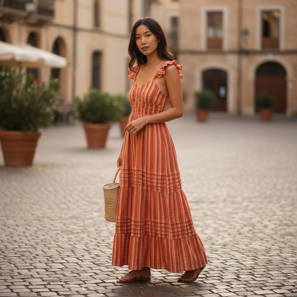 Elegant Striped Orange XL Ruffes Fairy Indie Maxi Summer Dress